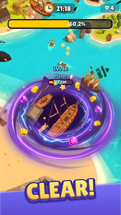 Scena di gioco arcade con vortice luminoso su un'isola